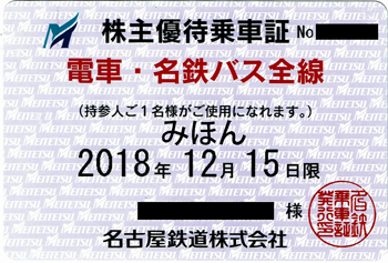 名古屋鉄道株式会社株主優待乗車証